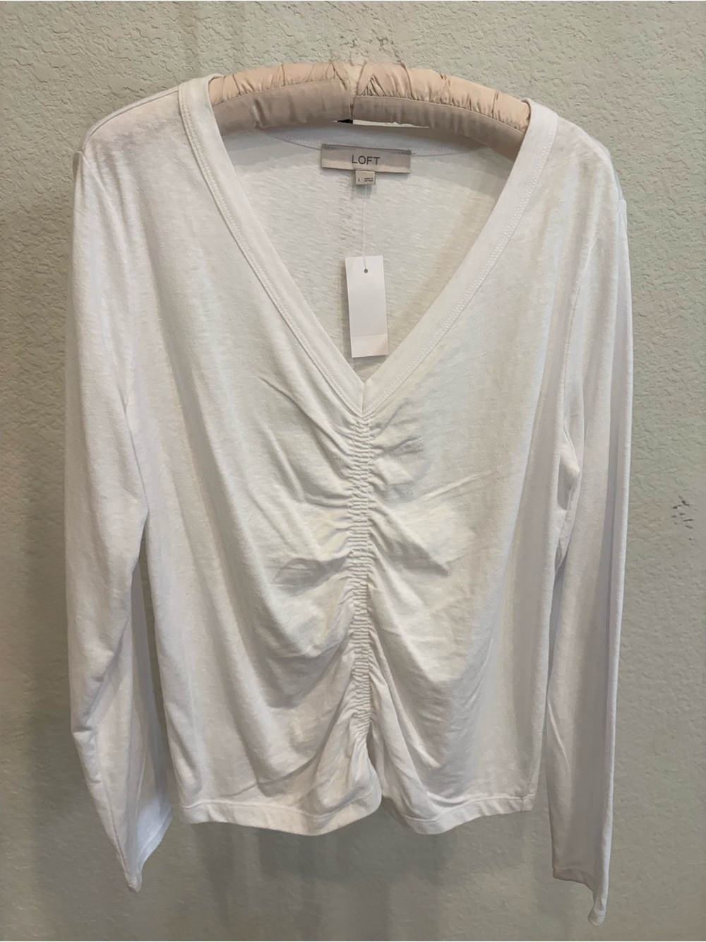 LOFT White V-Neck Ruched Front Long Sleeve Top